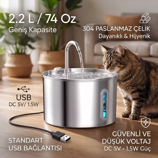 Cats Choice 2.2L Paslanmaz Çelik Kedi Su Pınarı | Sessiz ve Filtreli Çeşme
