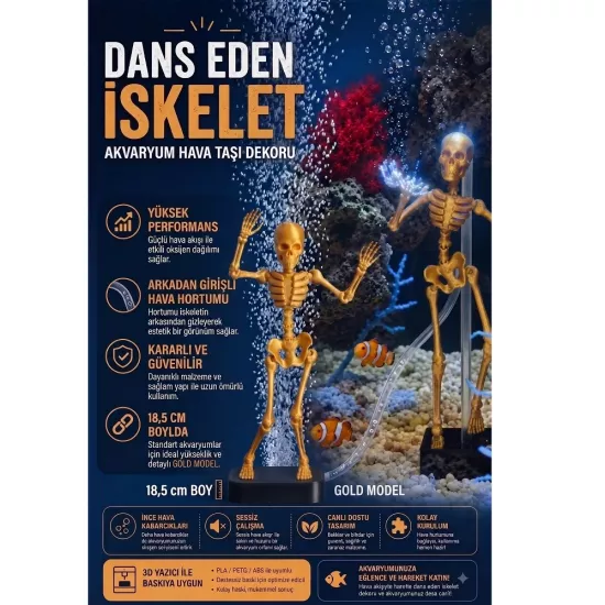 Gold Dans Eden İskelet Akvaryum Hava Taşı 18,5 cm | 3D Akvaryum Dekoru