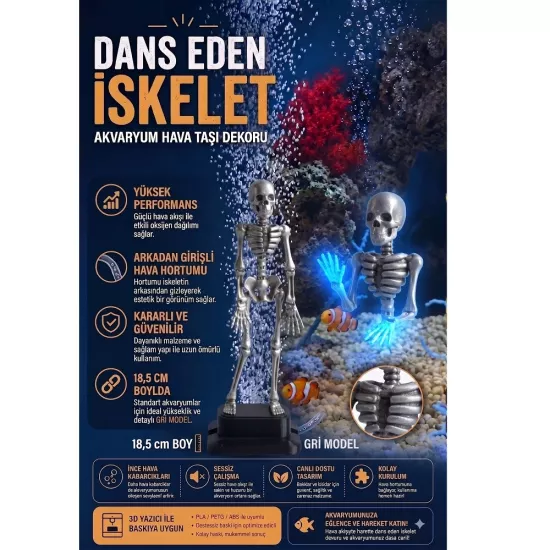 Gri Dans Eden İskelet Akvaryum Hava Taşı 18,5 cm | 3D Akvaryum Dekoru