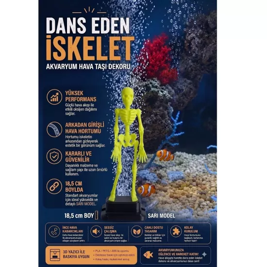 Sarı Dans Eden İskelet Akvaryum Hava Taşı 18,5 cm | 3D Akvaryum Dekoru