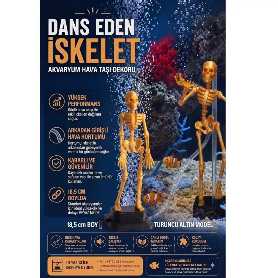 Turuncu Dans Eden İskelet Akvaryum Hava Taşı 18,5 cm | 3D Akvaryum Dekoru